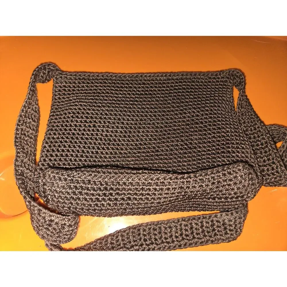 The Sak Vintage Brown Crochet Shoulder Bag Knit Crossbody Purse Front Zip Pocket